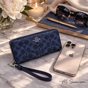 NEW Coach Blue Silver Long Zip Around Wallet In Signature Canvas NEW with tags